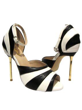 FSJ Black & White Striped Peeptoe Ankle Strap Pumps Stiletto Heels US9 EU39 NIB